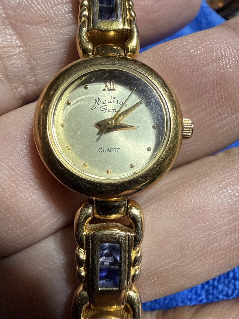 Madison Gems Gold Tone Women’s Watch Genuine Semi Precious Stone New Battery